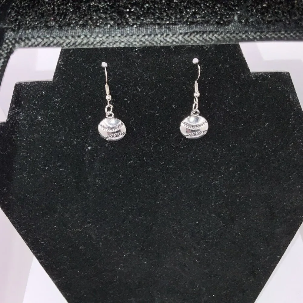 Baseball, Softball With Hook Earrings Shiny Finish Silver Play Ball New
